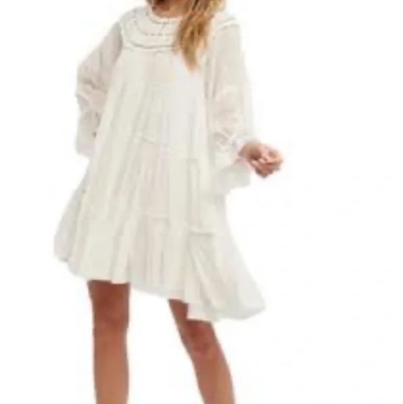 NWT Free People White Tiered Tunic Dress XS Crochet Lace Bib with Tie Back - Picture 1 of 7